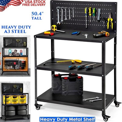 3-TIER HEAVY DUTY WORKBENCH WITH PEGBOARD LOCKABLE WHEELS FOR GARAGE WORKSHOP