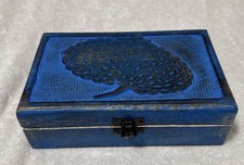 Jewelry Box Wood Blue Wooden Jewelry Box with Tree of Life Carving for Jewelry