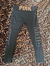 PINK VICTORIA SECRET Gold Bling Sequin Logo Black Cotton Leggings Women's sz M
