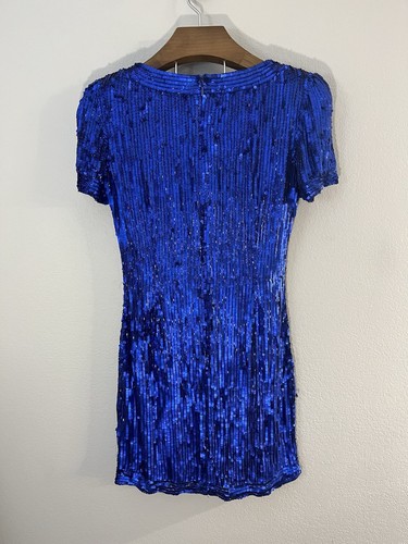Oleg Cassini Black Tie Neiman Marcus Royal Blue Silk Sequin Bead Dress Size 8 - Picture 6 of 13