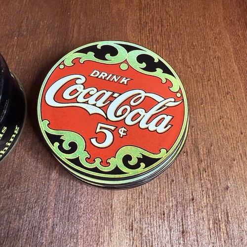 6 Round Coca Cola Tin Coasters Cork Backed With Tin Container - Picture 3 of 4