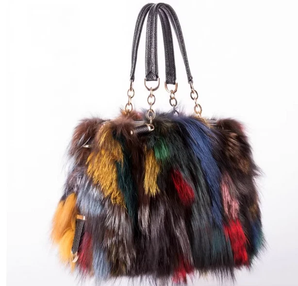 Bolsas femininas de pele de raposa genuína prata pele de raposa Pathwork pele real  - Imagem 2 de 4
