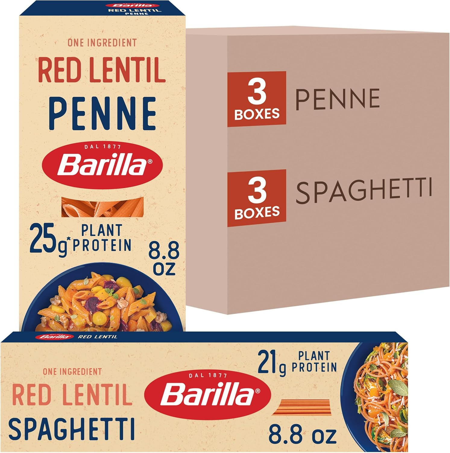 Paquete Variedad Espaguetis y Pasta Penne Lenteja Roja, 8.8 OZ (Paquete de 6) - Vegano, Glu