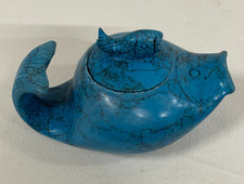 Vintage 5" Turquoise Sky Blue Chinese Hand Carved Decorative Fish Teapot