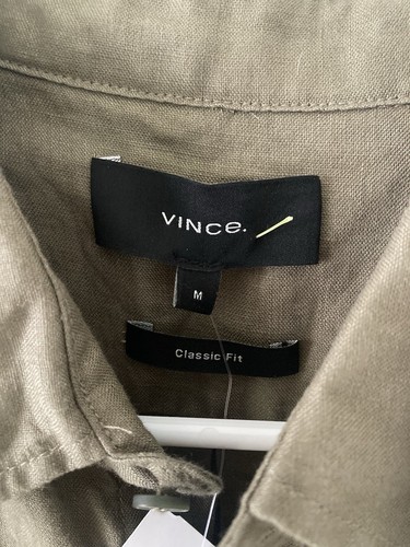 Vince NWT Men’s Medium Linen Button-Up Shirt Short Sleeve Olive Classic Fit - Picture 3 of 5