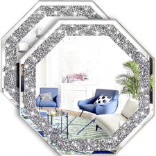 2 Piece Wall Mirrors Octagon, Crush Diamond Mirrors Wall Decor, Silver Decorativ