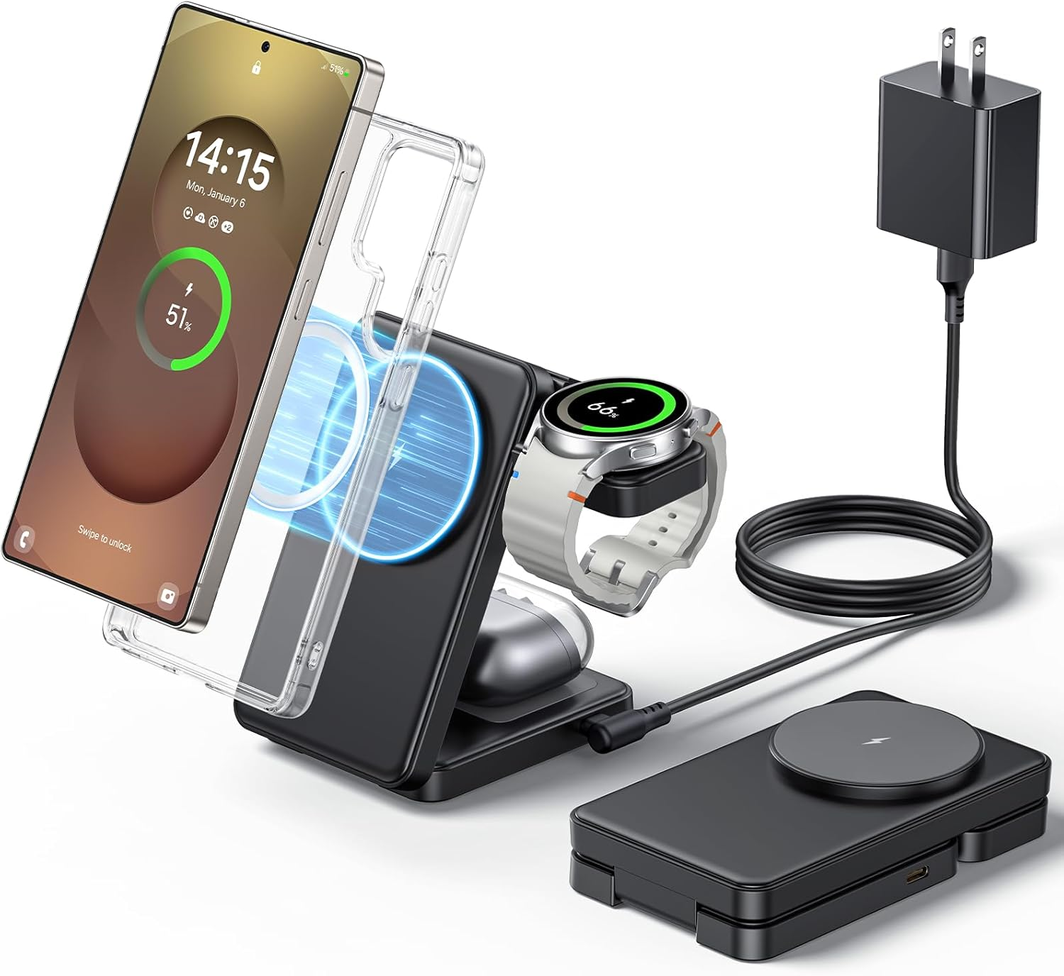 3 in 1 Magnetic Foldable Wireless Charger for Samsung, Fast Mag-Safe Charging St