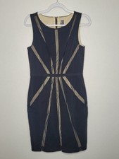 Vera Wang black tan mesh cut outs artsy sheath sleeveless cocktail dress size 8