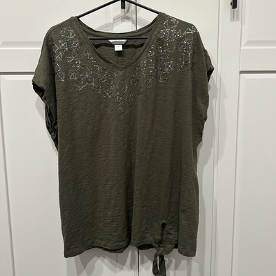 cj banks 2x Olive Green Cotton V-neck T-shirt,sequin,front Tie