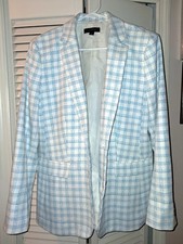 Ann Taylor Blazer Jacket Greenwich Plaid Cotton Blue and White Machine Wash Sz10