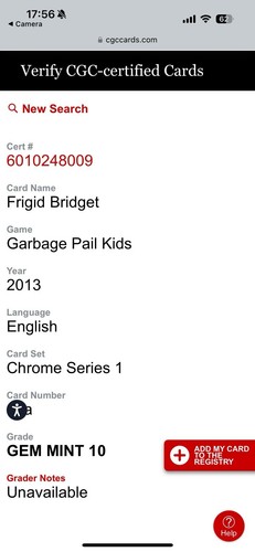 2013 Topps Garbage Pail Kids Frigid Bridget #32a CGC 10 - Picture 3 of 3