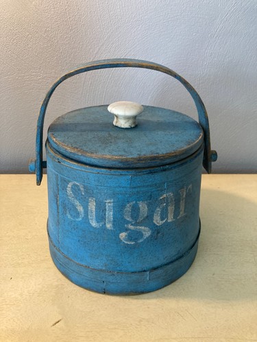 7 3/8" Old Wooden "Sugar" Bucket/Barrel/Firkin Blue Paint-Pantry Box Primitive - Picture 2 of 13