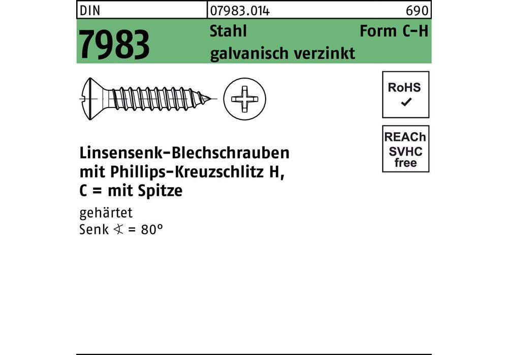 Reyher Linsensenkblechschraube DIN 7983 м.Кройцшлиц-PH C 4,8 x 45 -H Stahl...