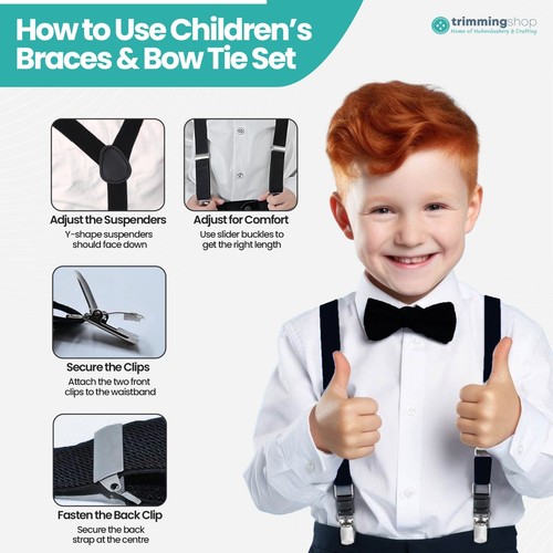 Childrens Boys Braces 25mm Suspenders Matching Bow and Neck Tie Set Kids Wedding - Picture 163 of 186