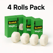 Scotch Magic Tape Refill 3/4" x 1500" Invisible Matte 1" Core – 4 Rolls Pack