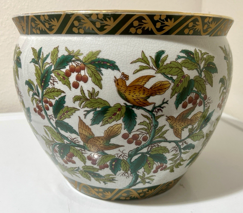 Large Vintage Asian Porcelain Gold Gilt Fish Bowl Planter Koi Fish 9.5"Hx12"W