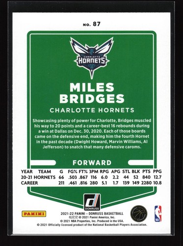 2021-22 Panini Donruss #87 Miles Bridges (NM+)(BSK) - Picture 2 of 2