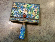 RARE Antique Brass Chinese Raised Design Enamel Silent Butler Crumb Pan