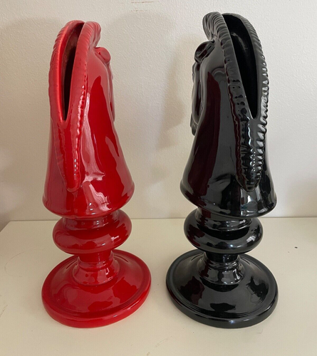 Pair Large 1960's Vintage Italian Pottery Black &Red Knight Chess Piece Vases - Picture 7 of 10