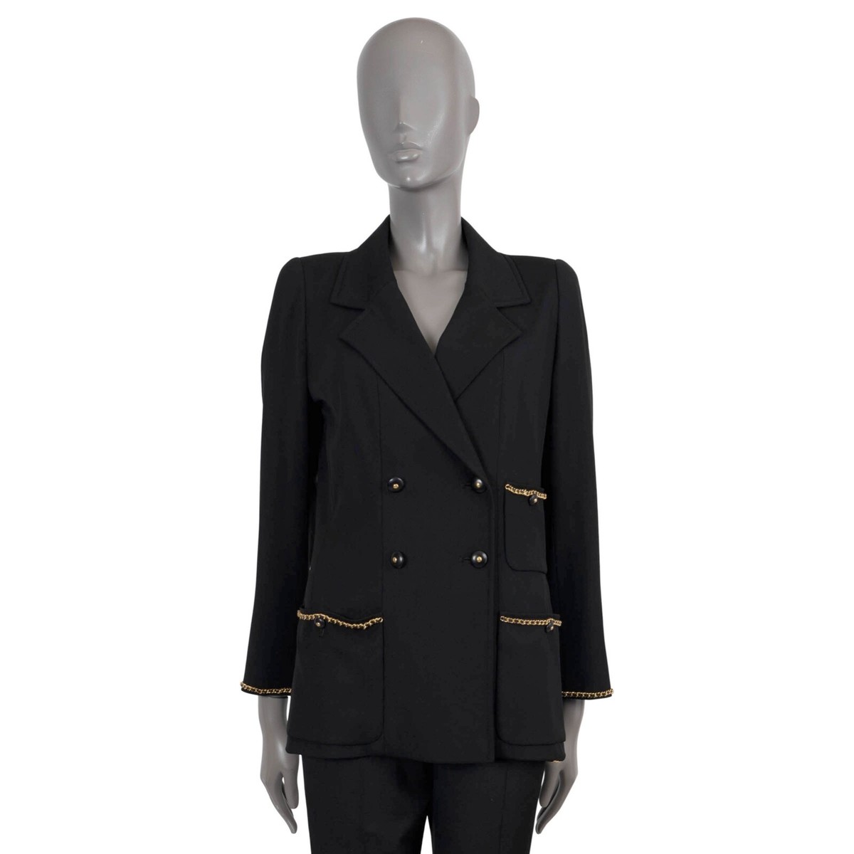 70125 auth CHANEL black wool 1995 95A CHAIN TRIM DOUBLE Blazer