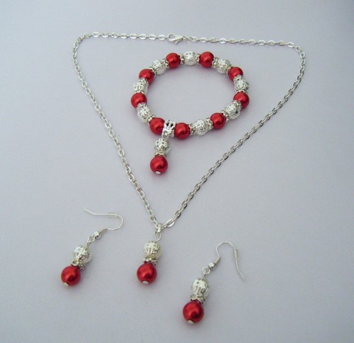 PEARL NECKLACE EARRING & BRACELET SET IDEAL BRIDESMAID FLOWER GIRL 10 COLOURS - Picture 17 of 26