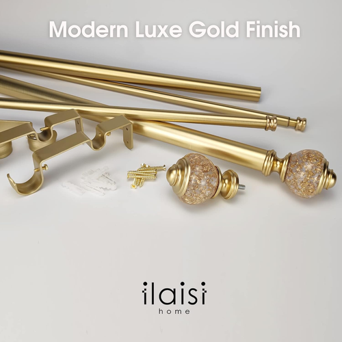 Double Curtain Rod Set:1-1/8 Inch Diameter Luxury Gold Curtain Rods, 72-144 Inch - Picture 5 of 9