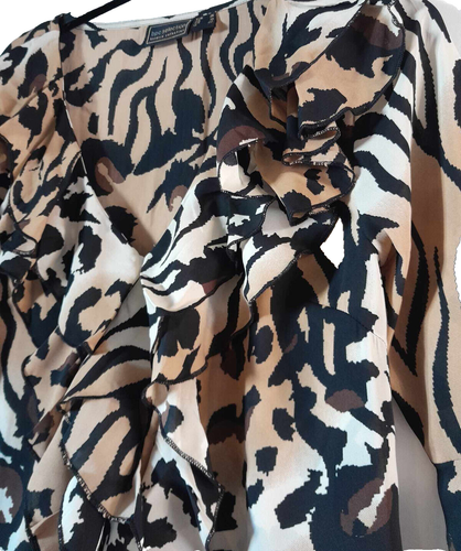 Bonprix Animal Print Flouncy Top Size 10-12 Ruffle Neck Browns NEW - Picture 2 of 6