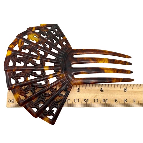 Antique 5” Carved Tortoiseshell Color Celluloid Hair Comb - Picture 6 of 7
