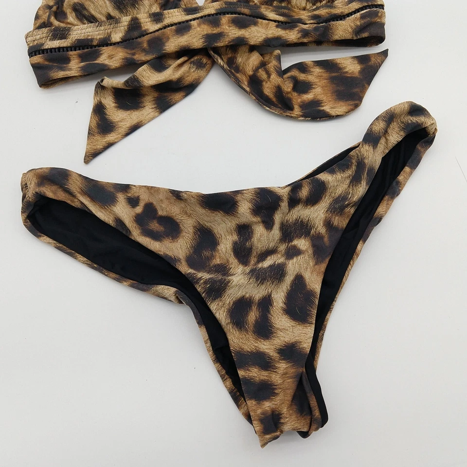 Pilyq Leopard Print Bikini Size S Cheeky Swimsuit Tie Back Low Rise Jungle Kylie - Image 4 of 4