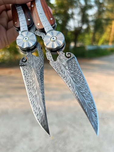 Coltello in piuma da collezione fatto a mano lusso Damasco coltello da tasca cuscinetto a sfera - Foto 6 di 20