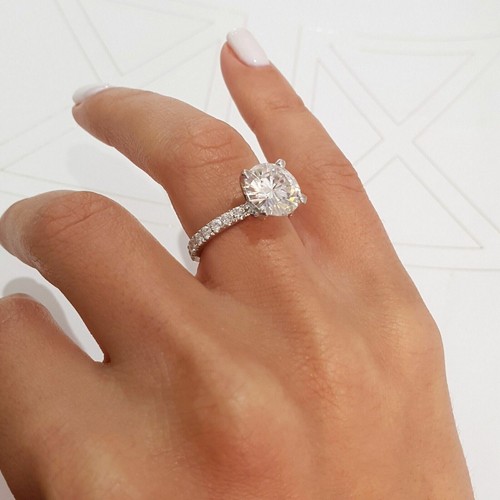 2 Ct Round Cut Simulated Diamond Halo Engagement Ring In 14K White Gold Plated - Picture 5 of 9
