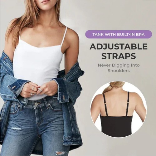 Women's Stretch Camisole with Built in Shelf Bra Adjustable Strap Tank Basic Top - Picture 5 of 37