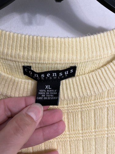 Consensu XL Windowpane Pullover Knit Sweater Mens 90s Yellow - Picture 2 of 8