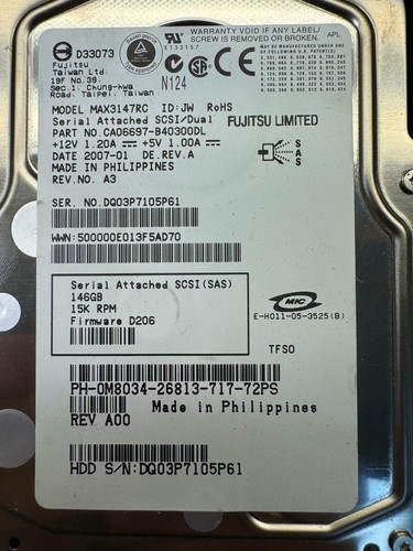 FUJITSU MAX3147RC CA06697-B40300DL 146GB 15K RPM 8MB CACHE 3Gb/s SAS 3.5" HDD - Picture 3 of 7