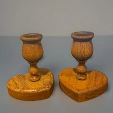 90’s Solid Oak Wooden Candlestick VintageHolders Heart Handcrafted Candle Sticks