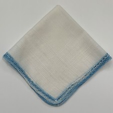 Drawnwork Handkerchief Blue Lace Edge Crochet Cottage Core Granny Vintage