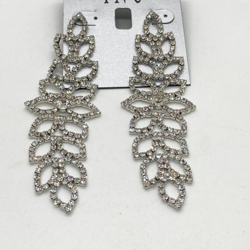 INC Rhinestone Leaf Pierced Earrings Silver Tone 4" Drop Dangle Wedding Prom New - Picture 2 of 6