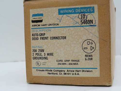 Arrow Hart 5469N Straight Connector Body 20A 250V 2P 3W 6-20R Gray - Made in USA - Picture 3 of 7