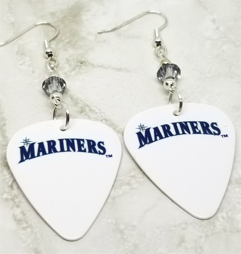 MLB Mariners Guitar Pick Earrings with Metallic Silver Swarovski Crystals - Picture 1 of 6