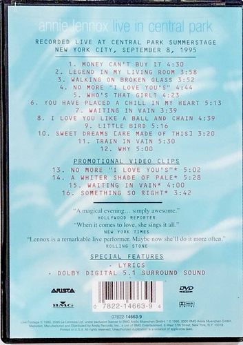 DVD ANNIE LENNOX Live in Central Park ARISTA 2000 Electronic Pop Retro NOSTALGIC - Imagen 2 de 3