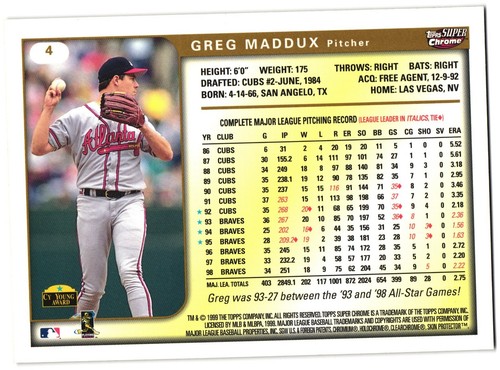 Greg Maddux 1999 Topps Super Chrome Large 4X6" Card #4 - Picture 2 of 2