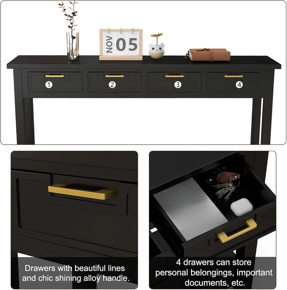 Mesa de entrada preta 60 polegadas longa console mesa com 4 gavetas e prateleira de armazenamento - Imagem 2 de 4