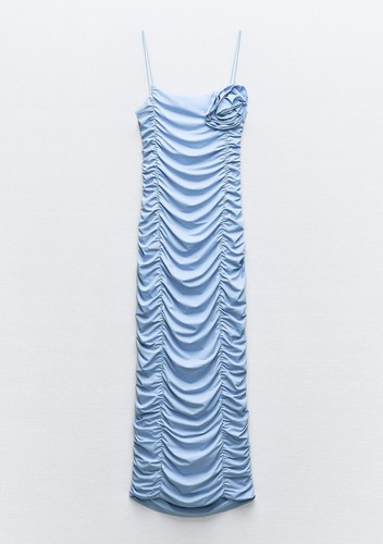 ZARA WOMAN LIGHT BLUE DRAPED POLYAMIDE LONG FITTED BODYCON DRESS Size M - Picture 6 of 16