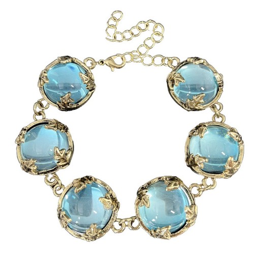Turquoise Gripoix Glass Cabochon Bracelet Gold Tone Bezel Wide Chunky Statement - Picture 2 of 10