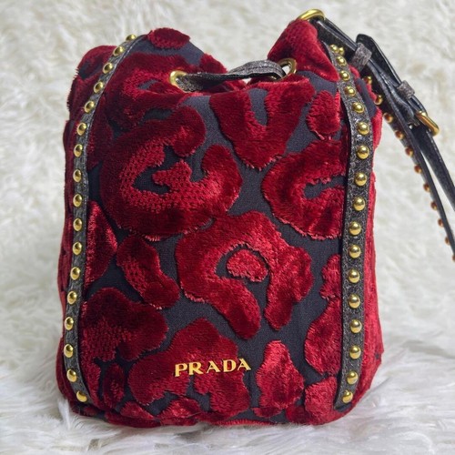 PRADA Handbag Accessory Pouch Drawstring Velour Leather Red USED Auth #S1834 - Picture 2 of 19