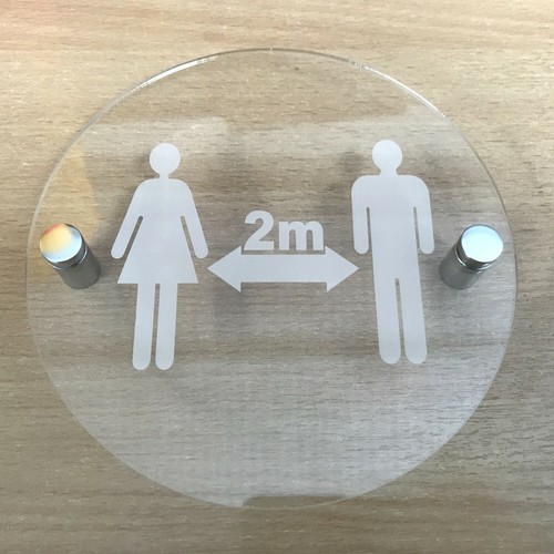 Social Distancing 2m Signs, Clear Engraved Gloss Acrylic & Chrome Fixings