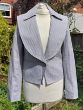 New Designer Ladies Full Circle Striped Pale Grey Linen Fitted Jacket Uk 10s