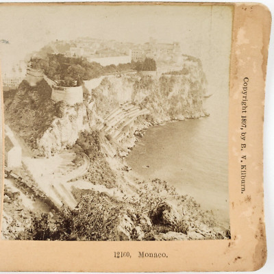 Monaco French Riviera Coast Stereoview c1897 Aerial Photo Beach Shore Cliff E838
