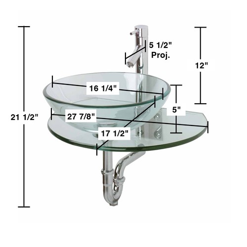 Glass Wall Mount Bathroom Console Sink Round with Chrome Faucet and Sink Drain - Picture 5 of 11