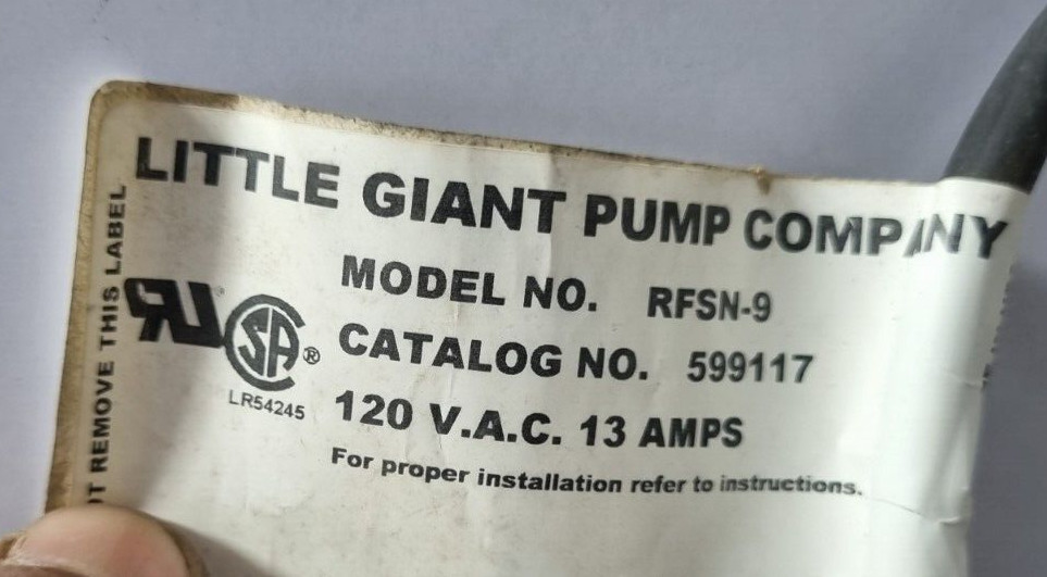 Little Giant 599117 Switch, Level, Float 120VAC 13 AMPS U.S Pat 
